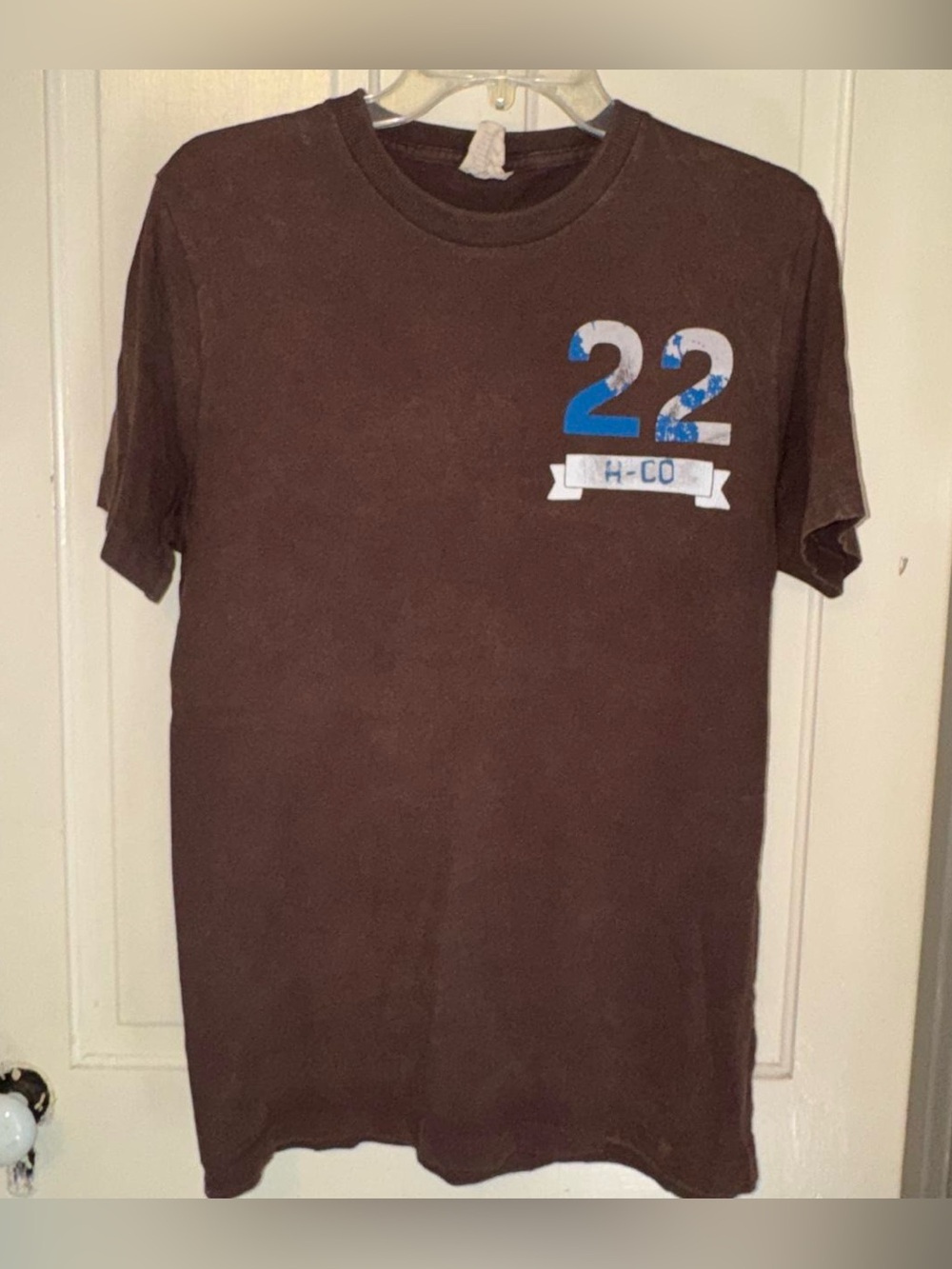Vintage Hollister Men’s. Brown Crewneck T-Shirt with Blue '22' Graphic